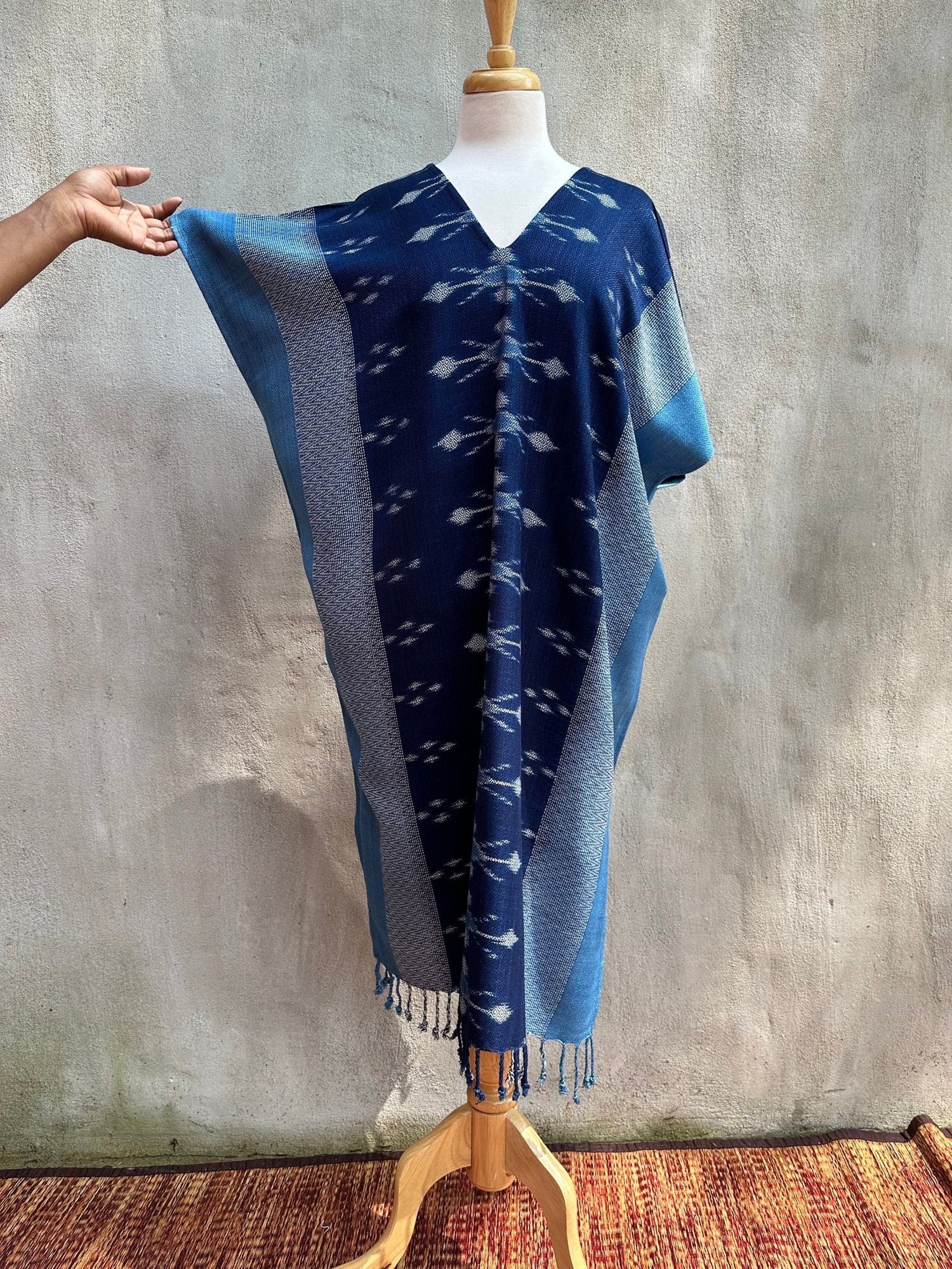 MALA handworks  Ikat Hand Woven Pattern Kaftan in Indigo Blue with Light Blue and White