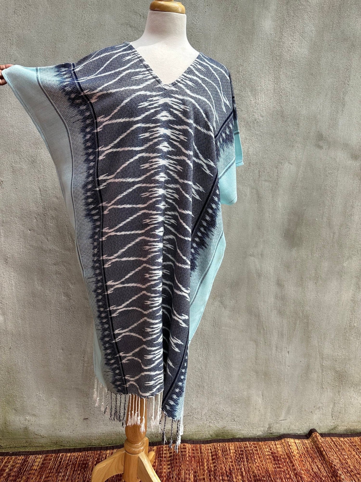 MALA handworks  Ikat Hand Woven Pattern Kaftan in Indigo Blue with Light Blue and White