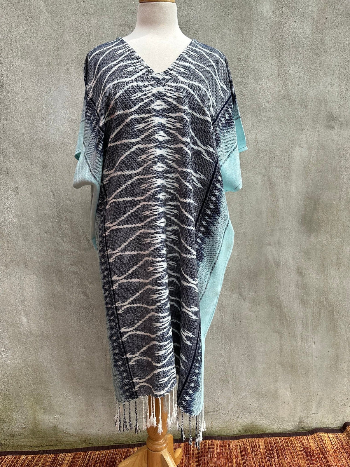 MALA handworks  Ikat Hand Woven Pattern Kaftan in Indigo Blue with Light Blue and White