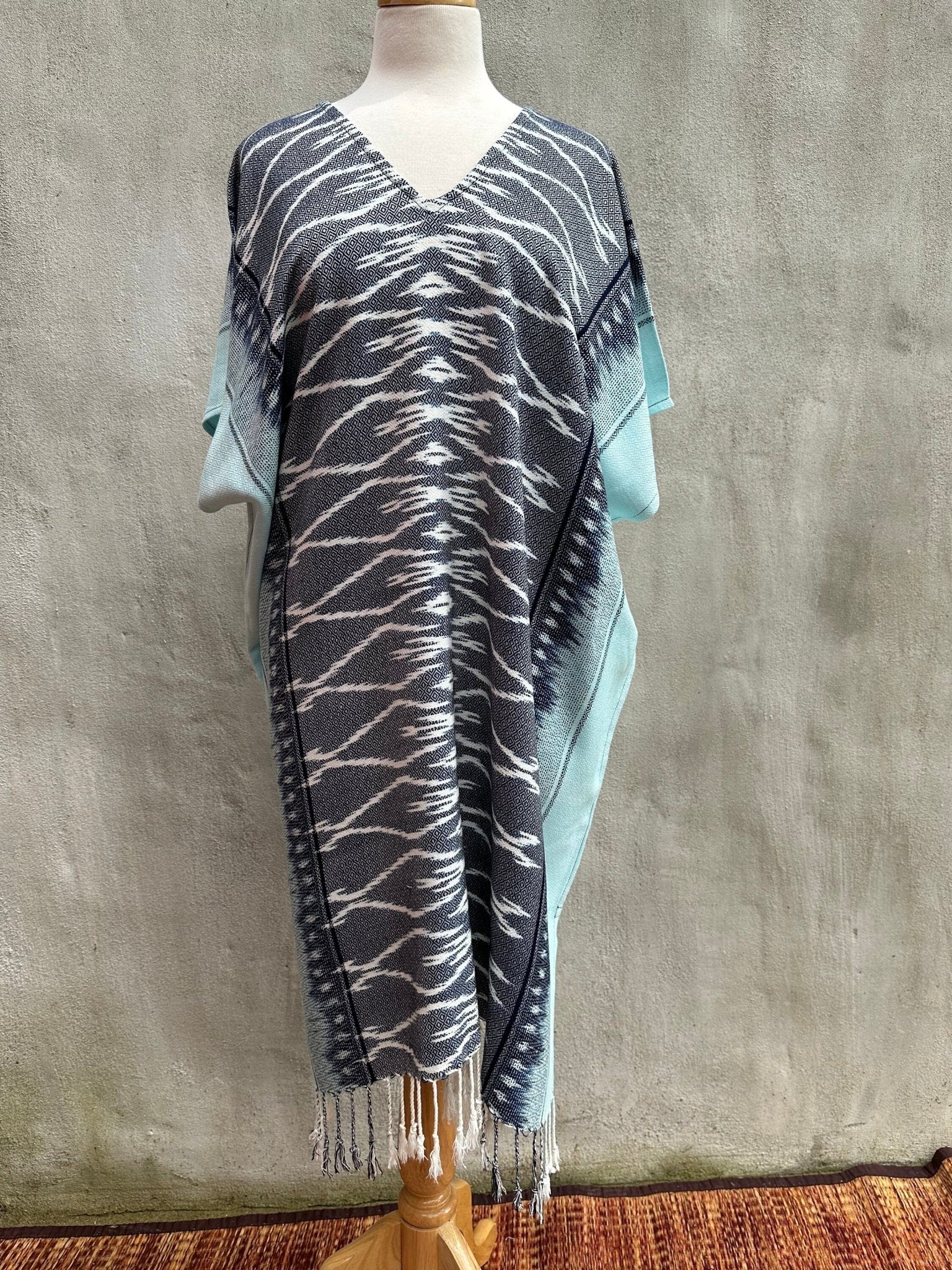 MALA handworks  Ikat Hand Woven Pattern Kaftan in Indigo Blue with Light Blue and White