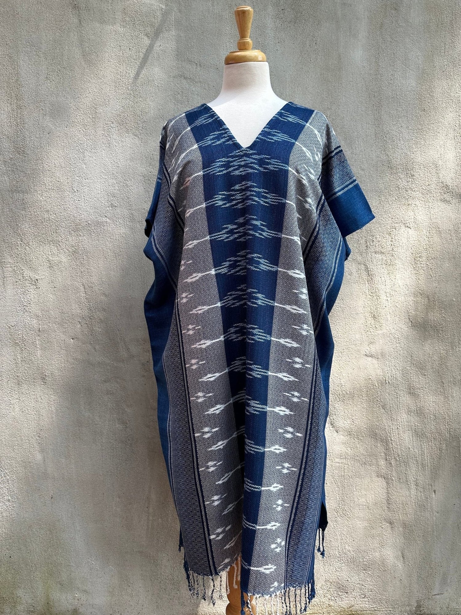 MALA handworks  Ikat Hand Woven Pattern Kaftan in Indigo Blue with Light Gray and White
