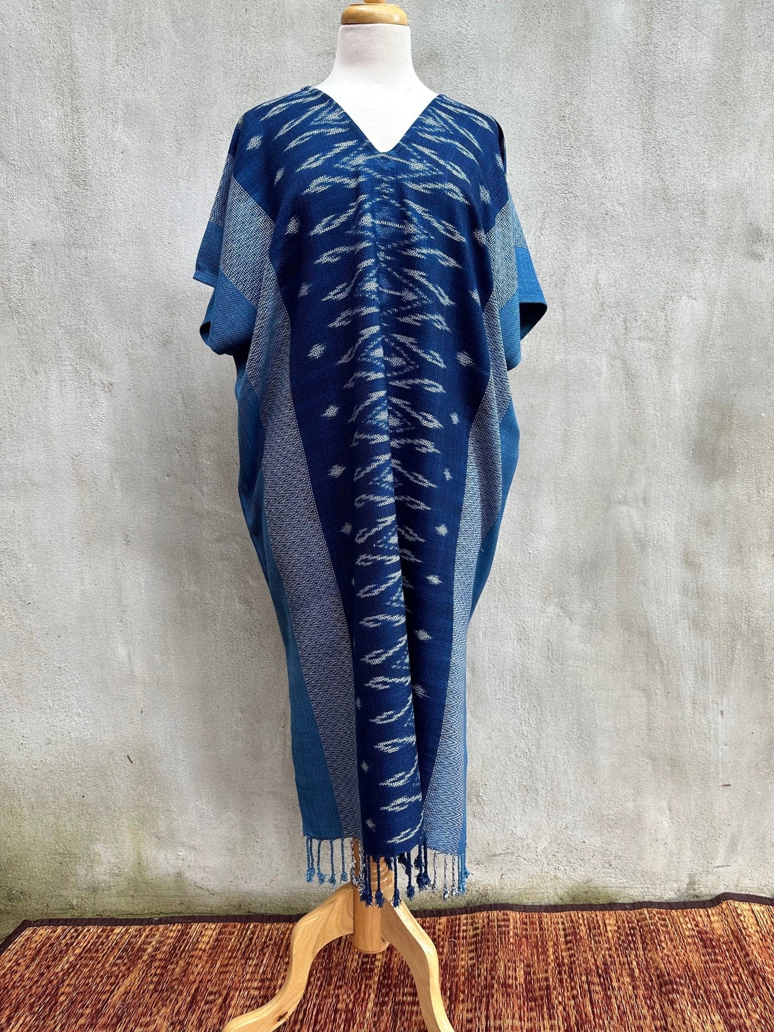 MALA handworks  Ikat Hand Woven Pattern Kaftan in Indigo Blue with Light Gray and White