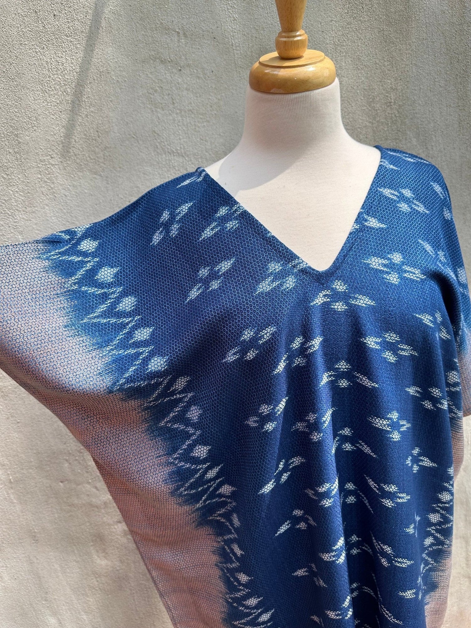 MALA handworks  Ikat Hand Woven Pattern Kaftan in Indigo Blue with Light Pink and White