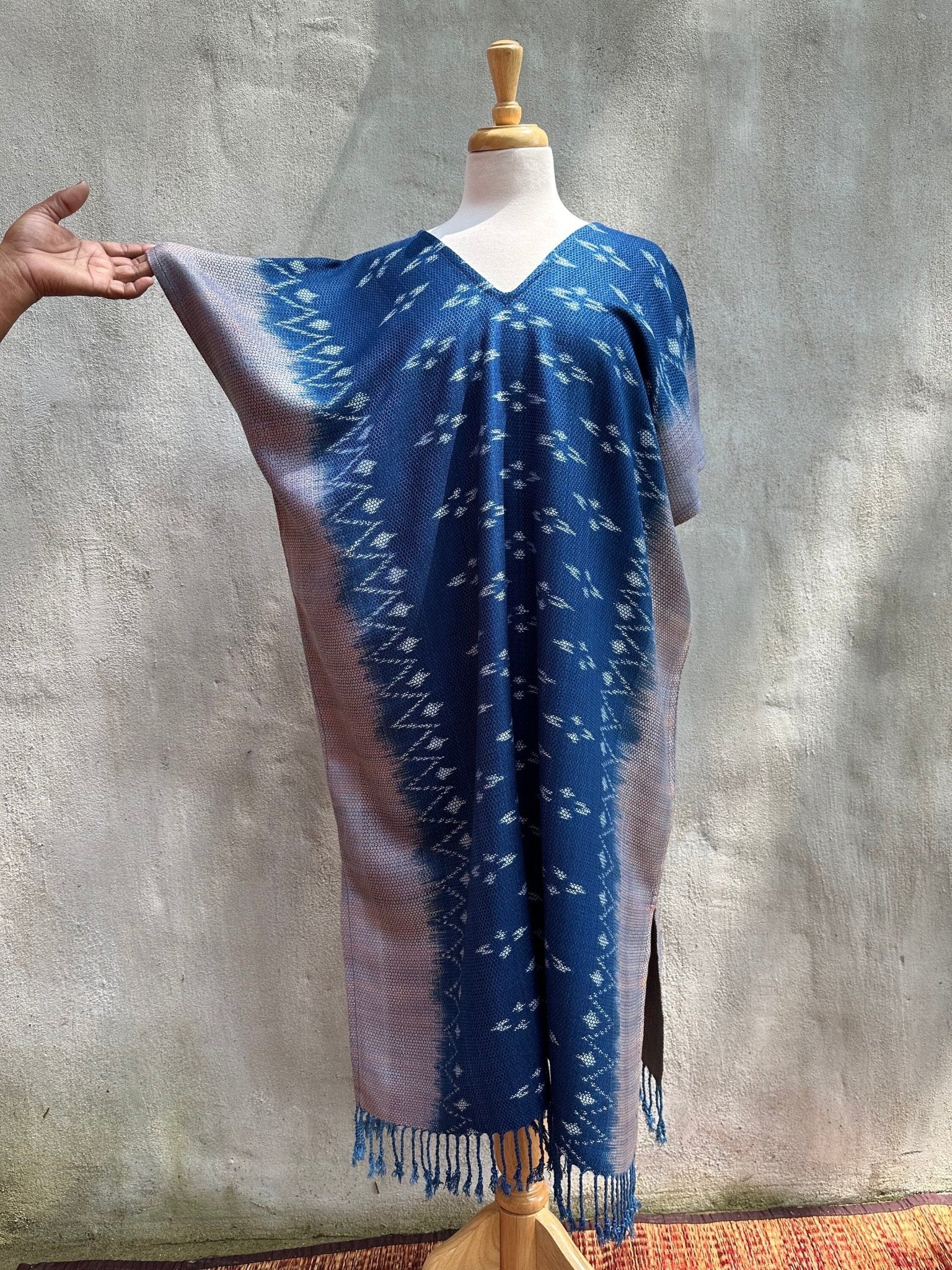MALA handworks  Ikat Hand Woven Pattern Kaftan in Indigo Blue with Light Pink and White