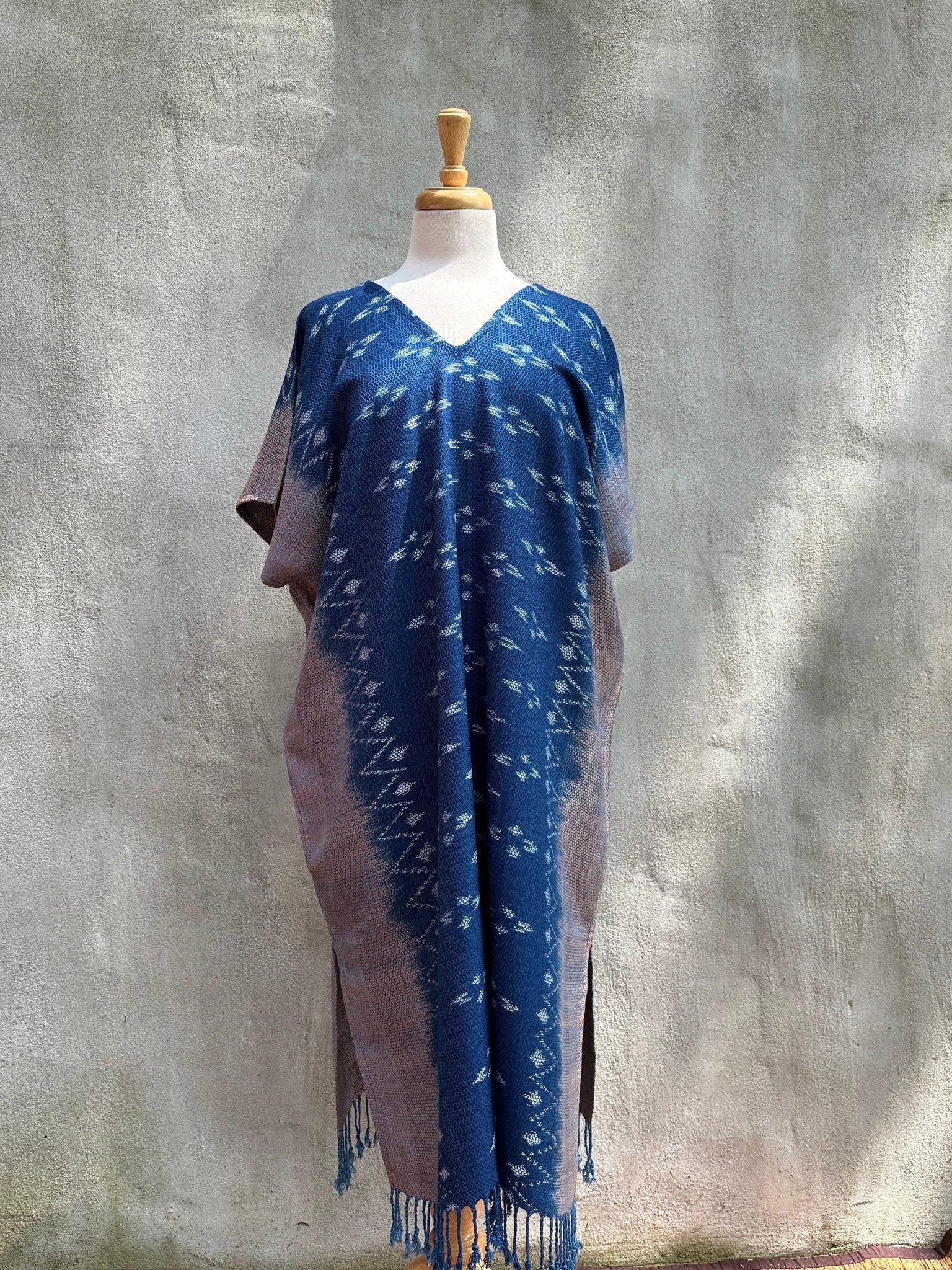 MALA handworks  Ikat Hand Woven Pattern Kaftan in Indigo Blue with Light Pink and White