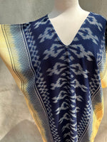 MALA handworks  Ikat Hand Woven Pattern Kaftan in Indigo Blue with Light Yellow and White