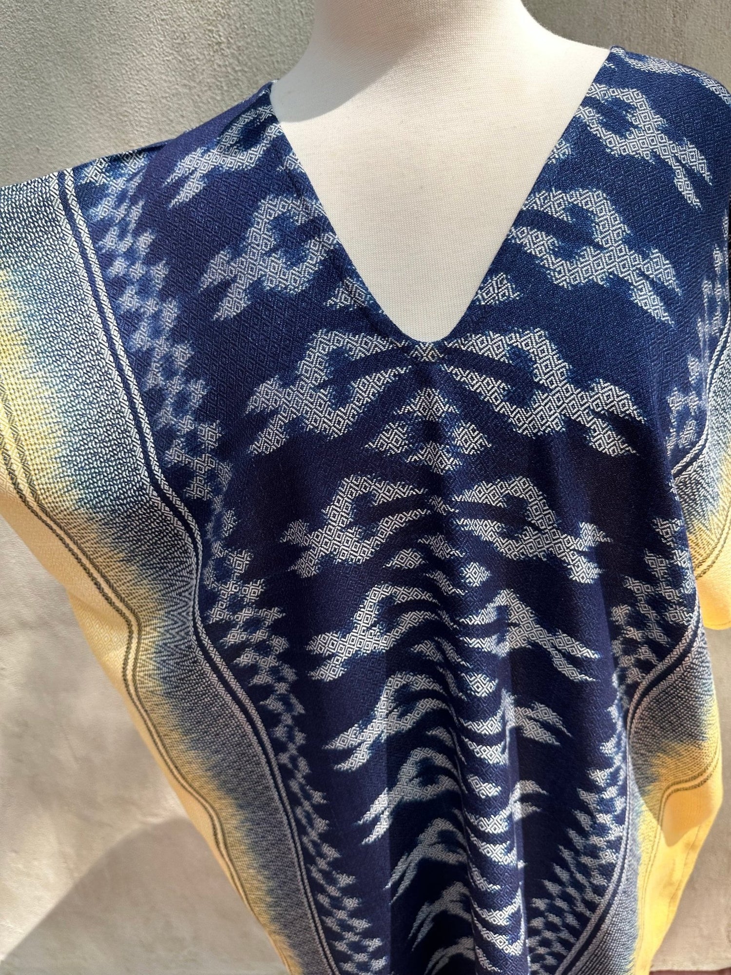 MALA handworks  Ikat Hand Woven Pattern Kaftan in Indigo Blue with Light Yellow and White