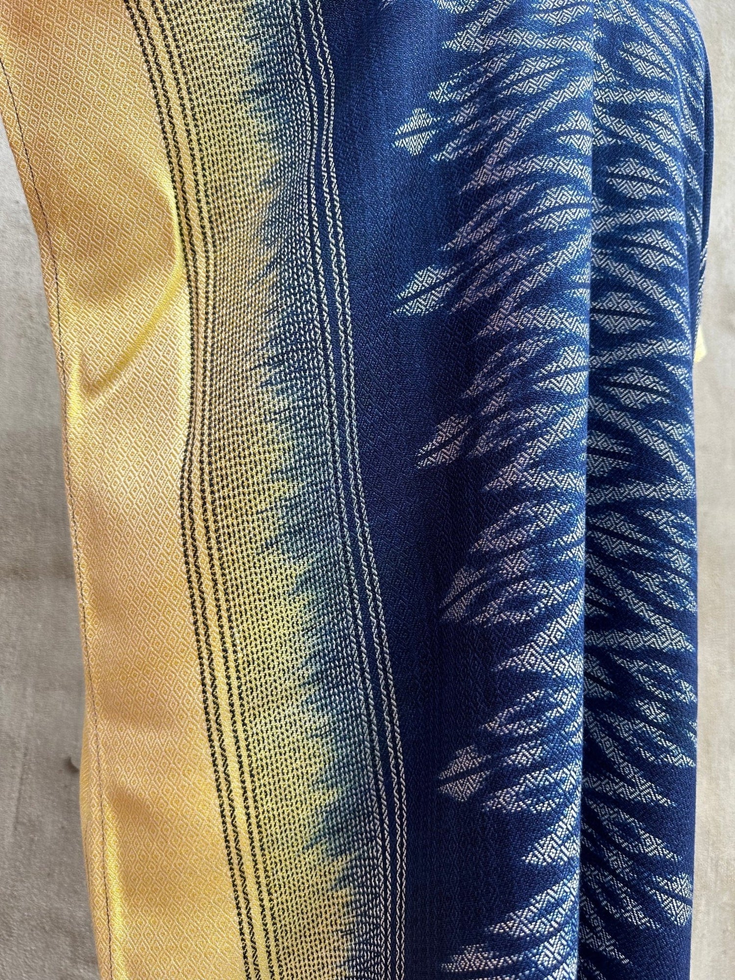 MALA handworks  Ikat Hand Woven Pattern Kaftan in Indigo Blue with Light Yellow and White