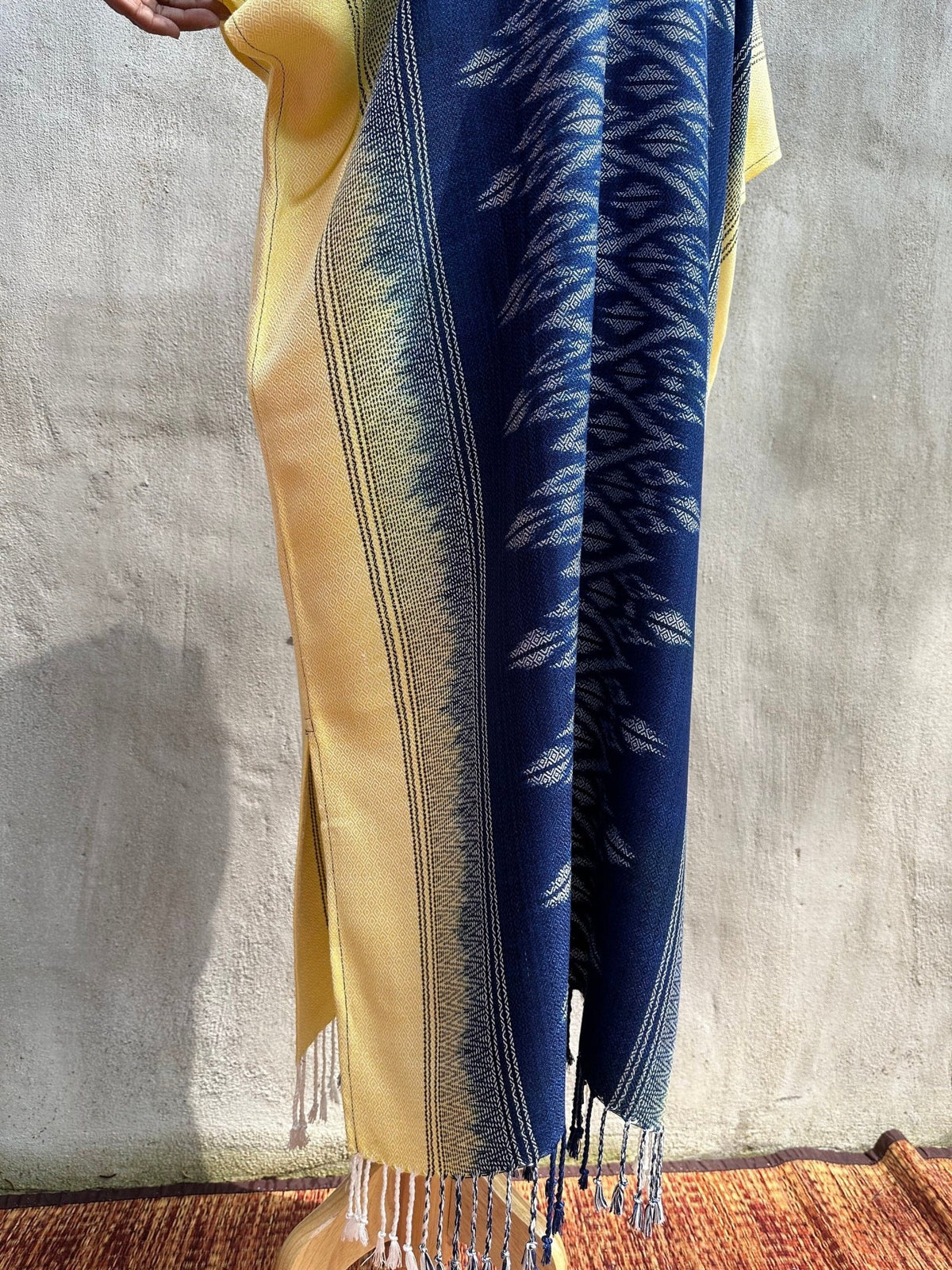 MALA handworks  Ikat Hand Woven Pattern Kaftan in Indigo Blue with Light Yellow and White