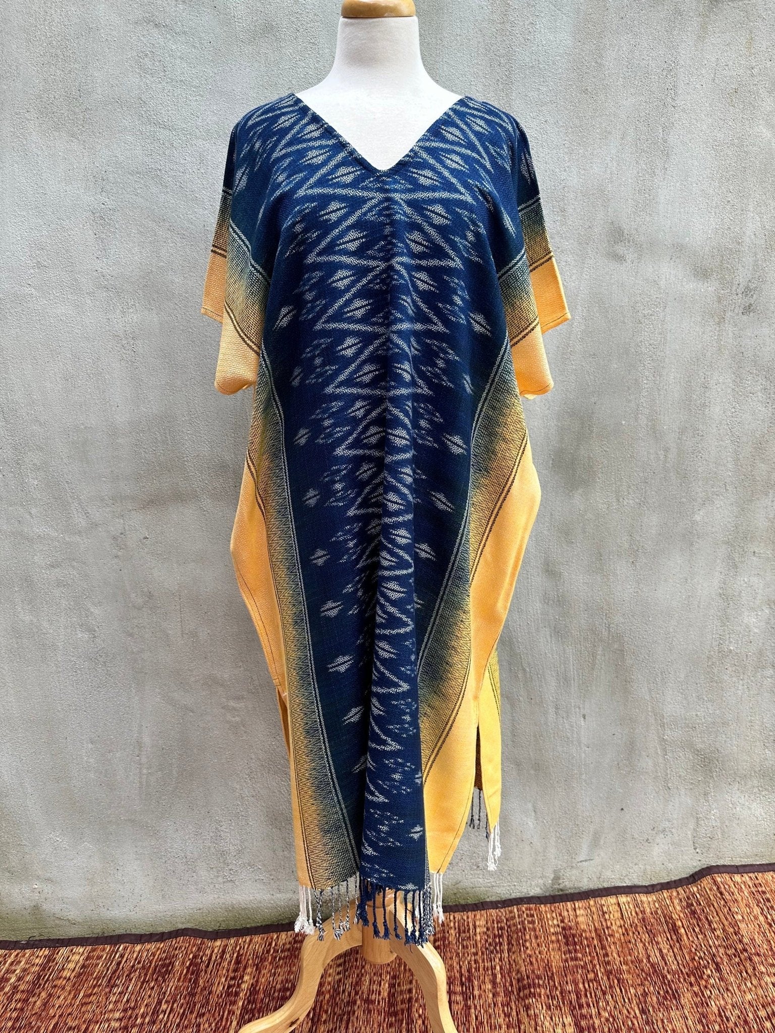 MALA handworks  Ikat Hand Woven Pattern Kaftan in Indigo Blue with Light Yellow and White