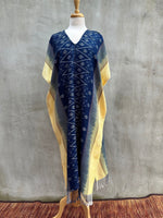 MALA handworks  Ikat Hand Woven Pattern Kaftan in Indigo Blue with Light Yellow and White