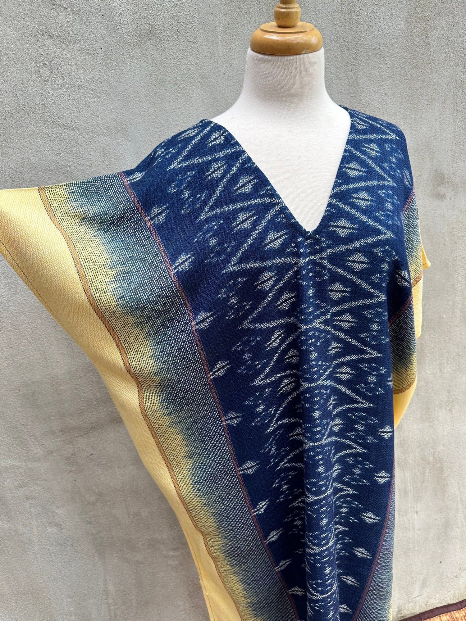 MALA handworks  Ikat Hand Woven Pattern Kaftan in Indigo Blue with Light Yellow and White