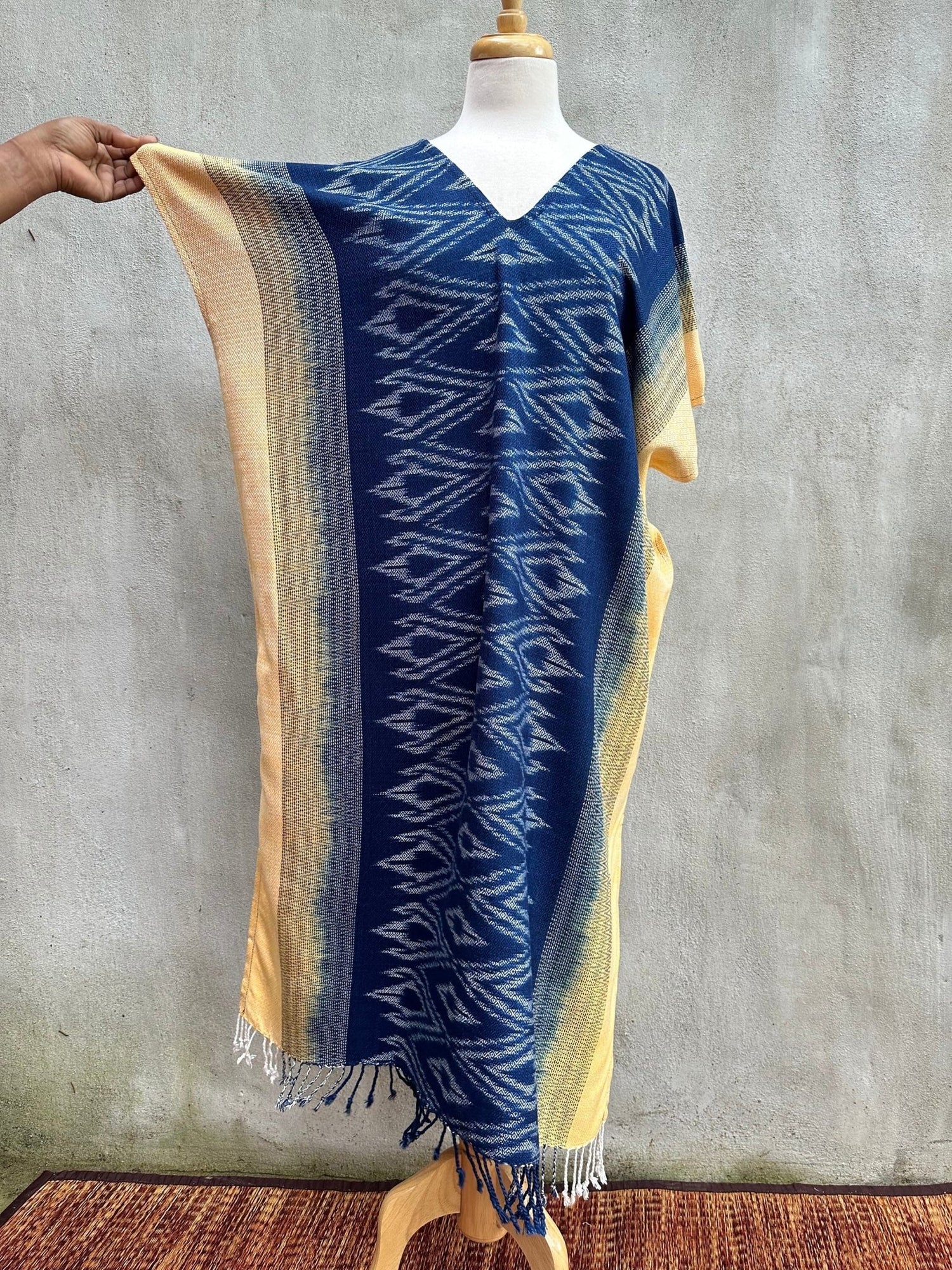 MALA handworks  Ikat Hand Woven Pattern Kaftan in Indigo Blue with Light Yellow and White