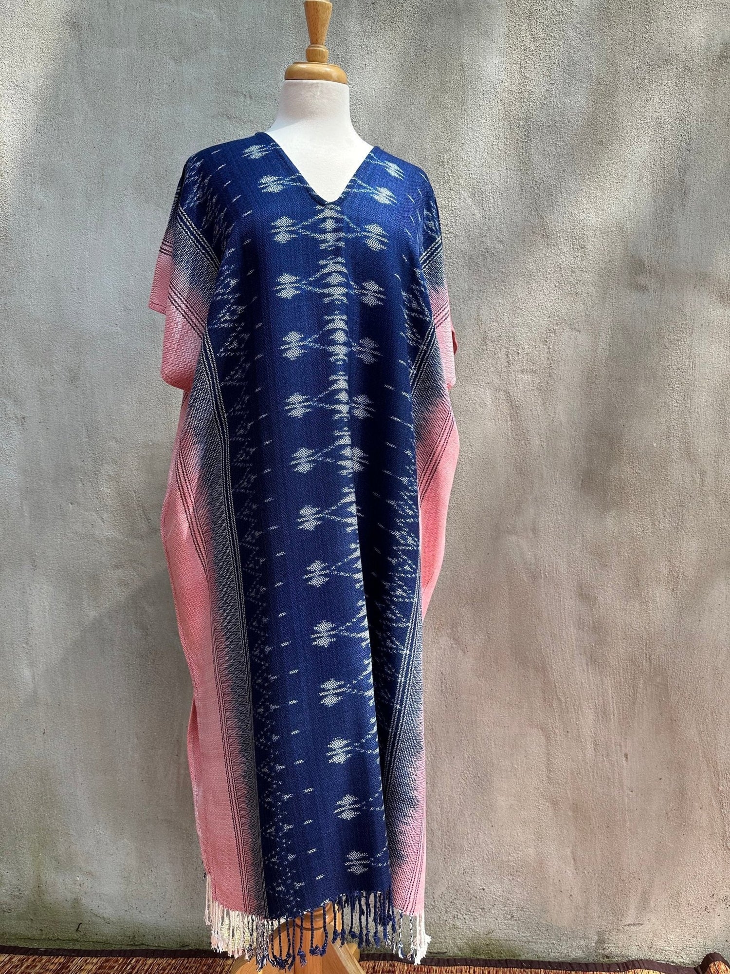MALA handworks  Ikat Hand Woven Pattern Kaftan in Indigo Blue with Pink and White