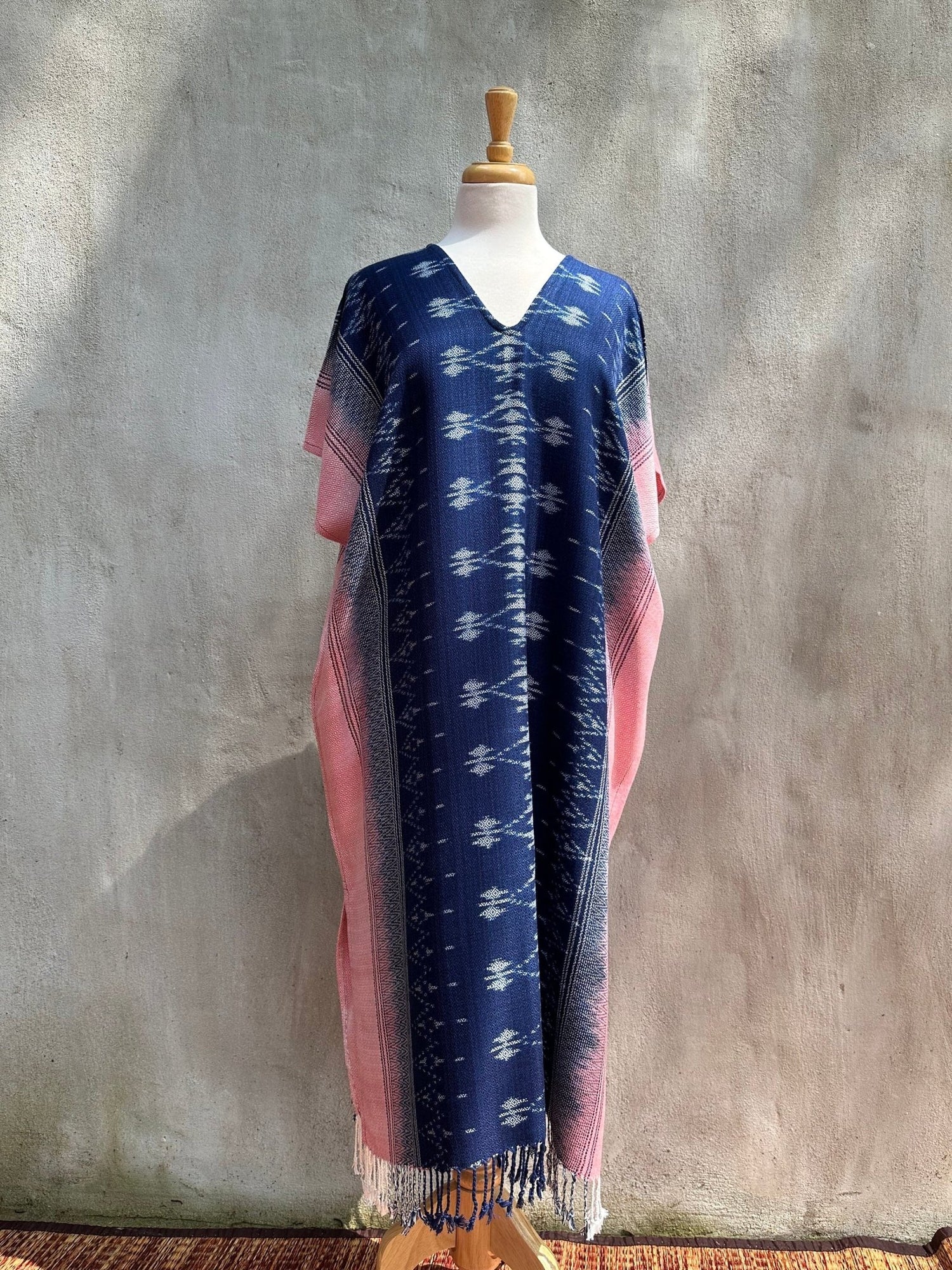 MALA handworks  Ikat Hand Woven Pattern Kaftan in Indigo Blue with Pink and White