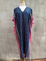 MALA handworks  Ikat Hand Woven Pattern Kaftan in Indigo Blue with Pink and White