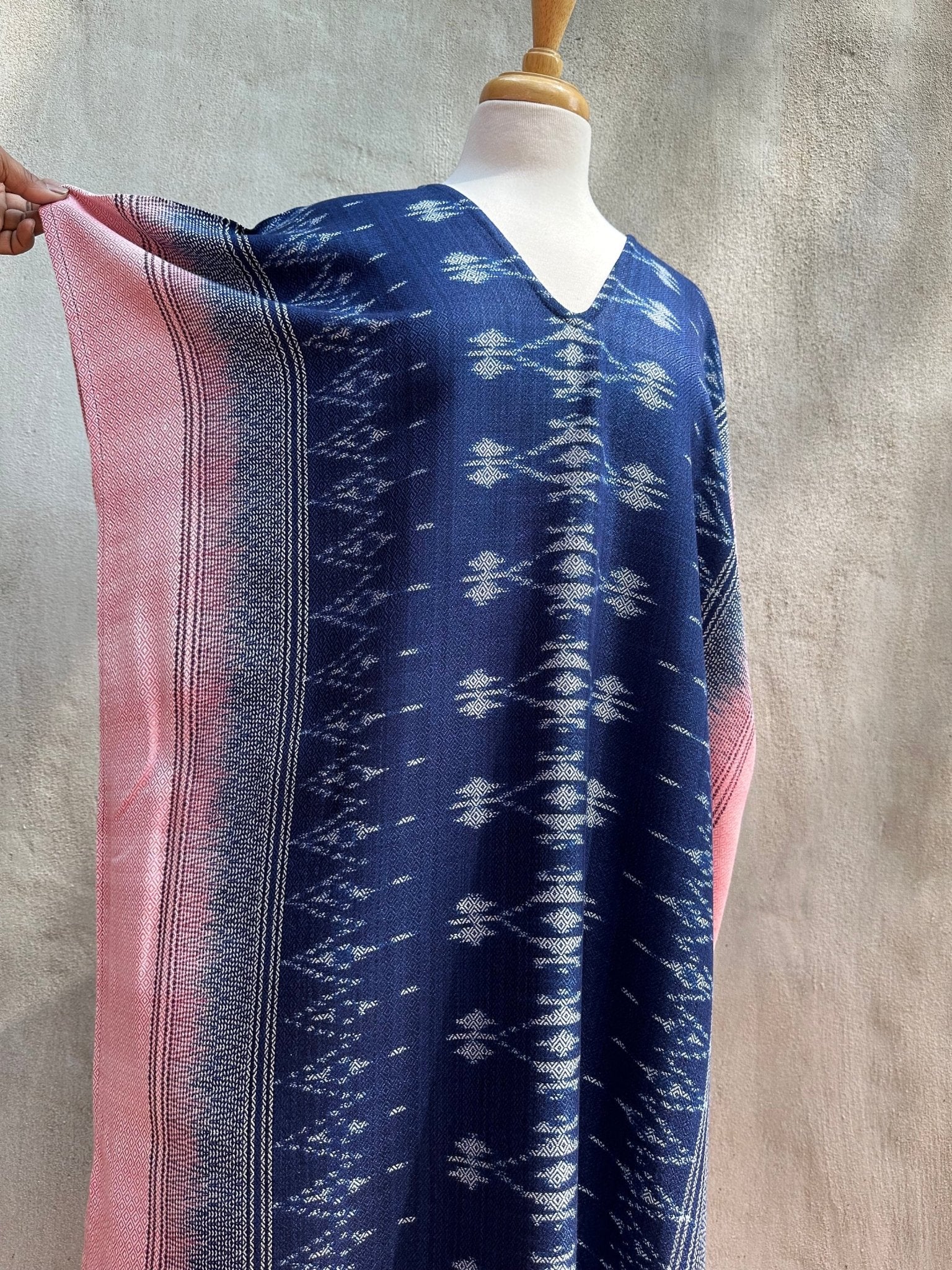 MALA handworks  Ikat Hand Woven Pattern Kaftan in Indigo Blue with Pink and White