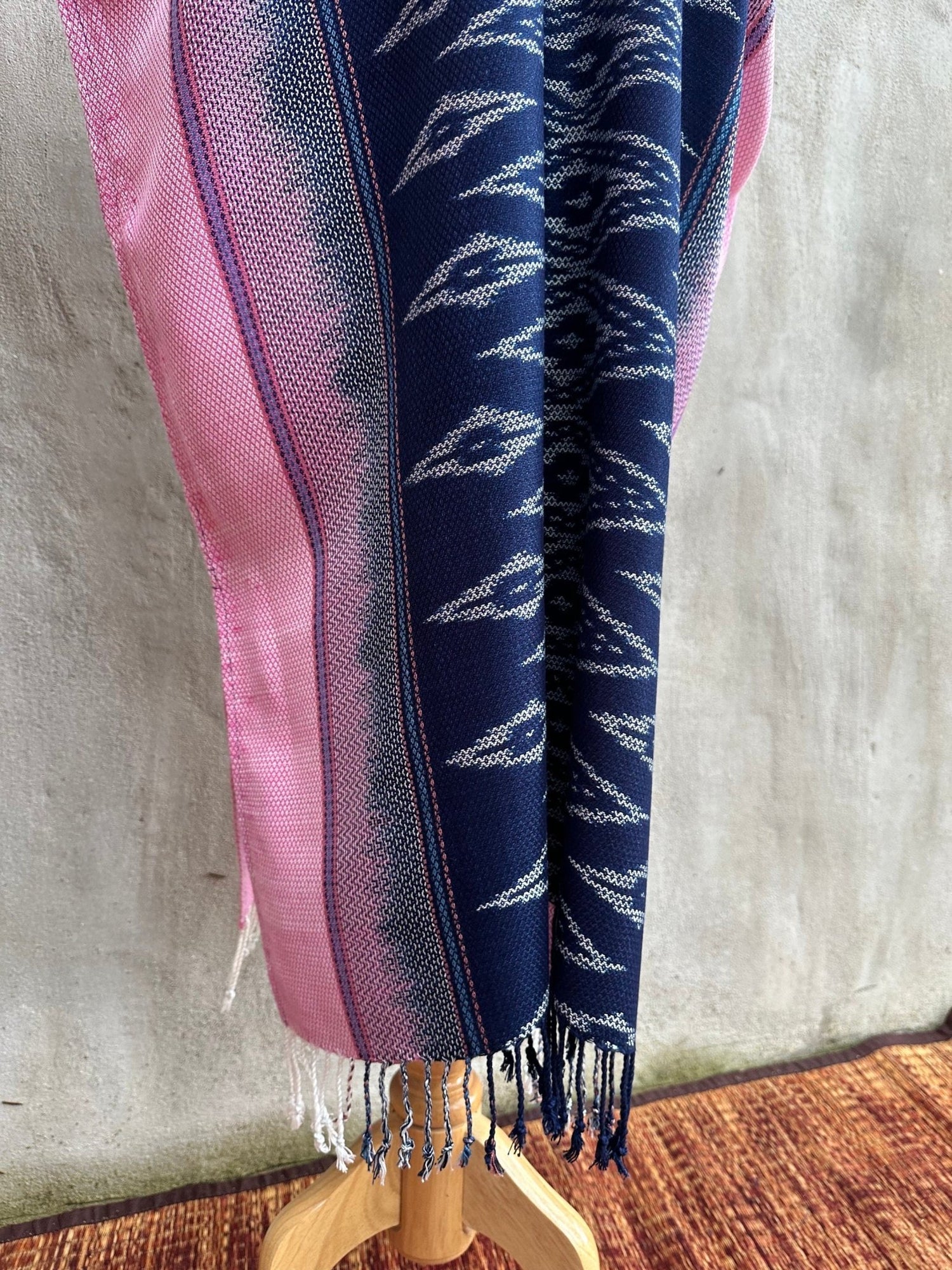 MALA handworks  Ikat Hand Woven Pattern Kaftan in Indigo Blue with Pink and White