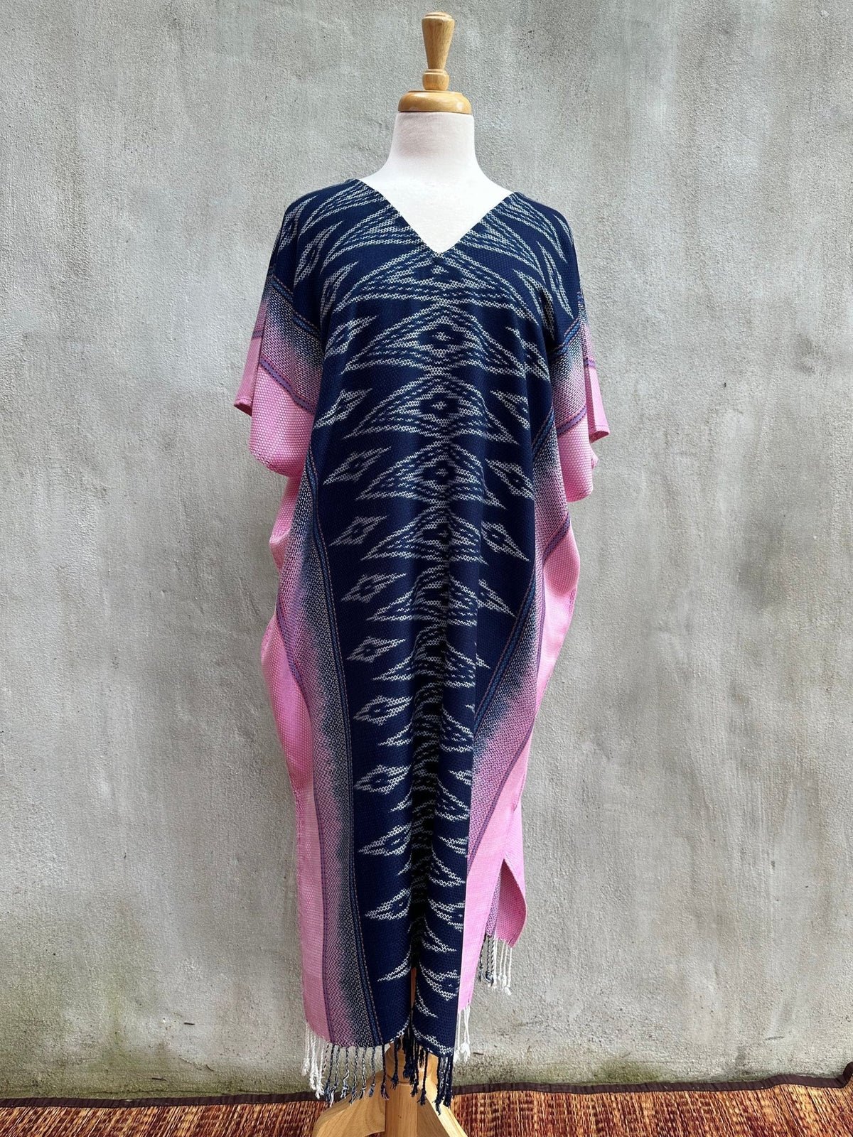 MALA handworks  Ikat Hand Woven Pattern Kaftan in Indigo Blue with Pink and White