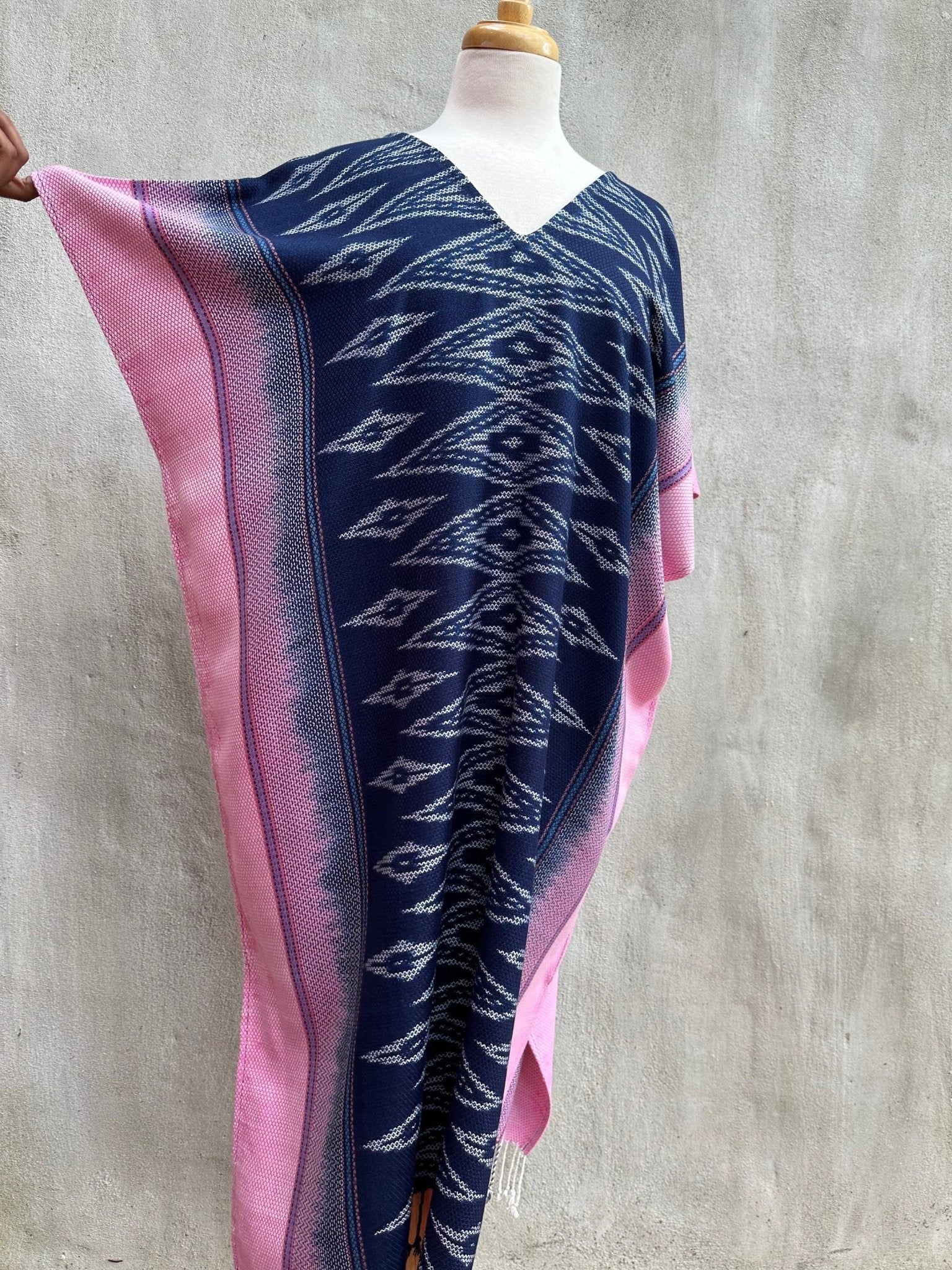 MALA handworks  Ikat Hand Woven Pattern Kaftan in Indigo Blue with Pink and White