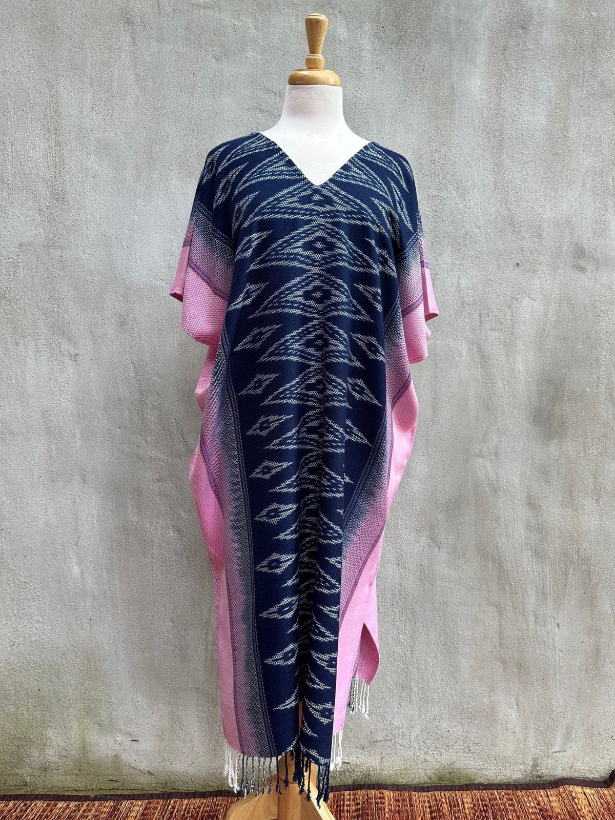 MALA handworks  Ikat Hand Woven Pattern Kaftan in Indigo Blue with Pink and White