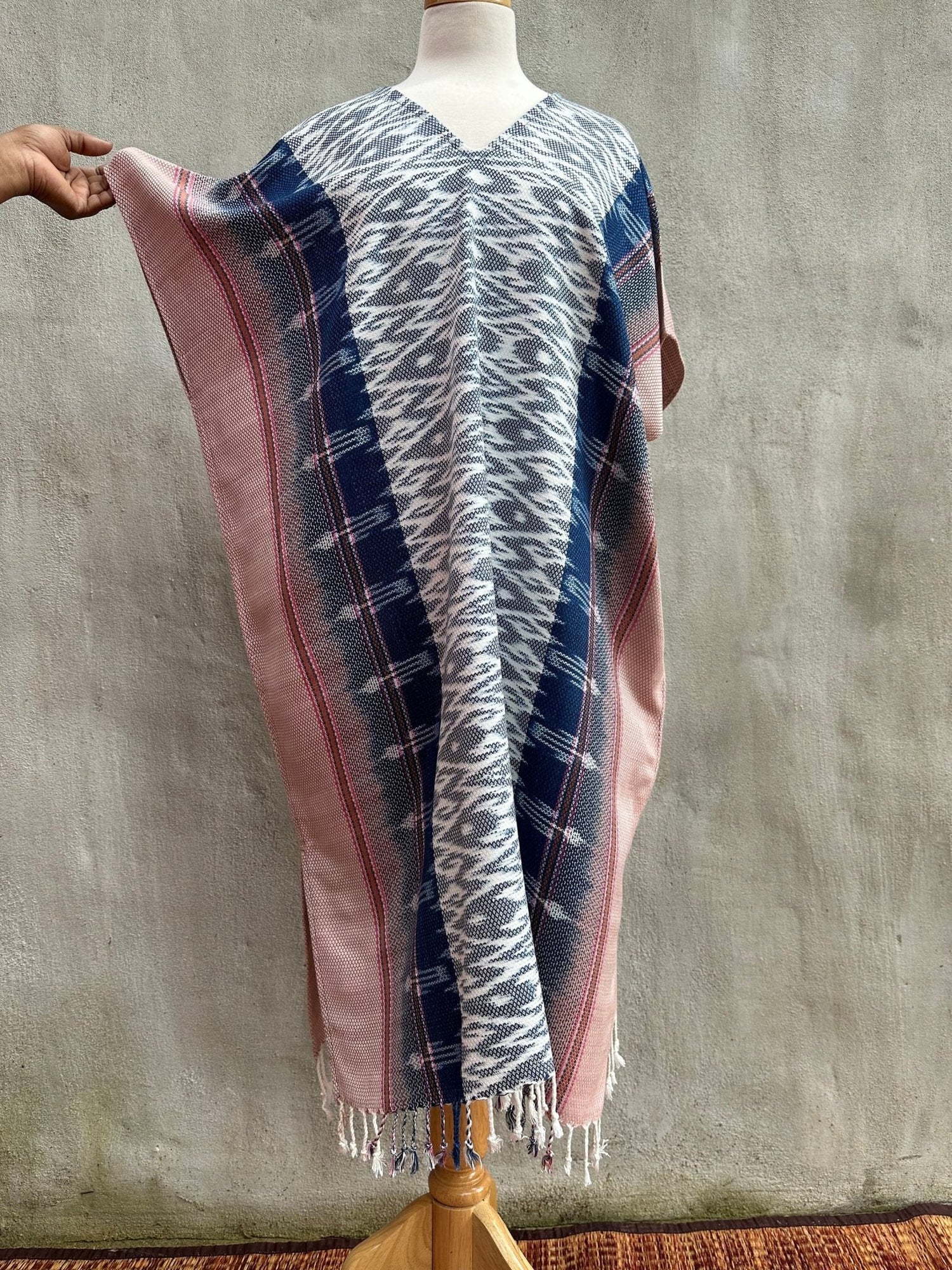 MALA handworks  Ikat Hand Woven Pattern Kaftan in Indigo Blue with Pink and White