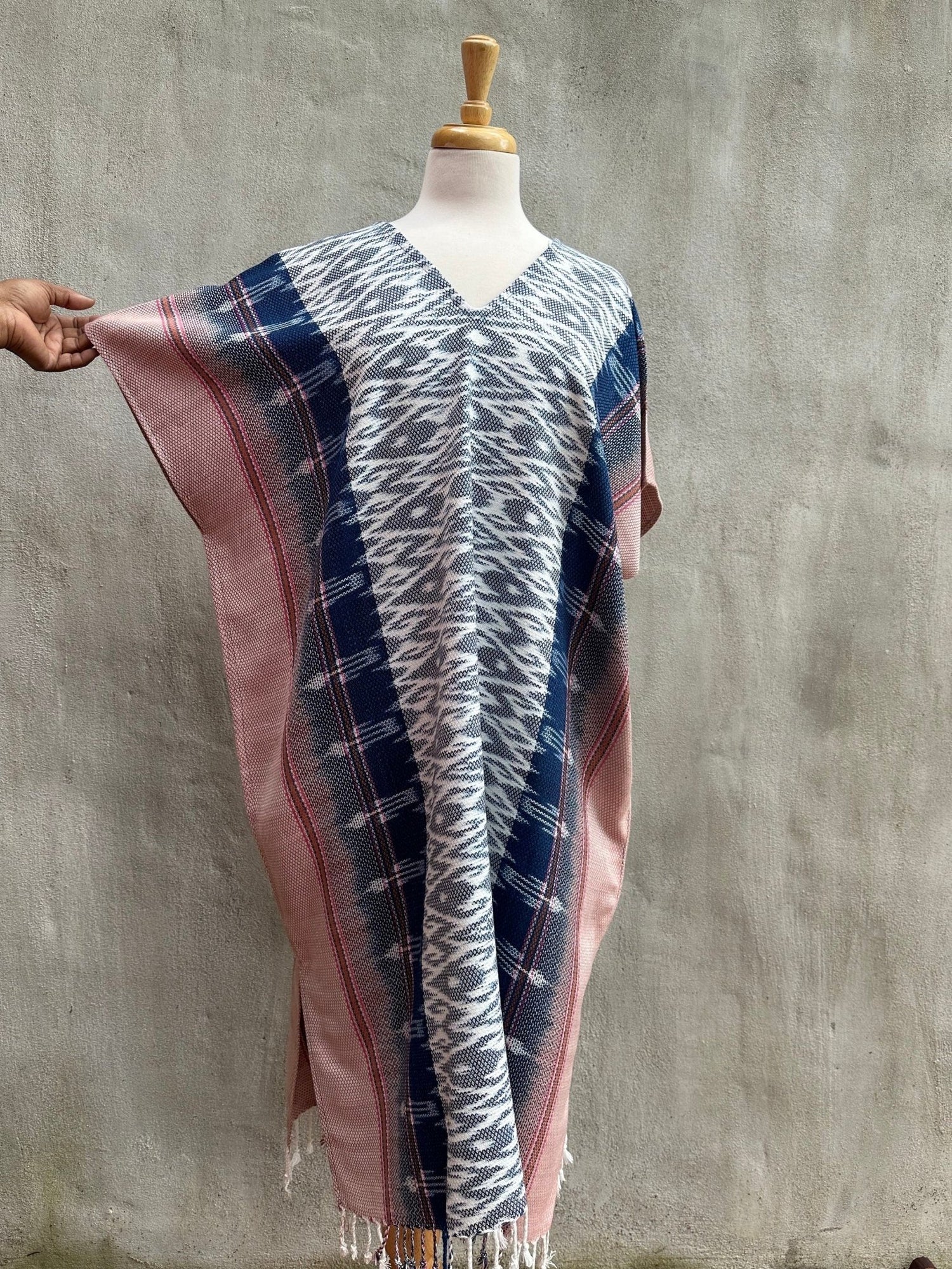 MALA handworks  Ikat Hand Woven Pattern Kaftan in Indigo Blue with Pink and White
