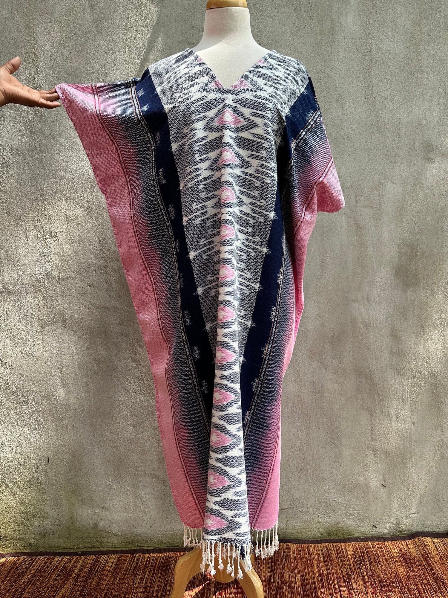 MALA handworks  Ikat Hand Woven Pattern Kaftan in Indigo Blue with Pink and White