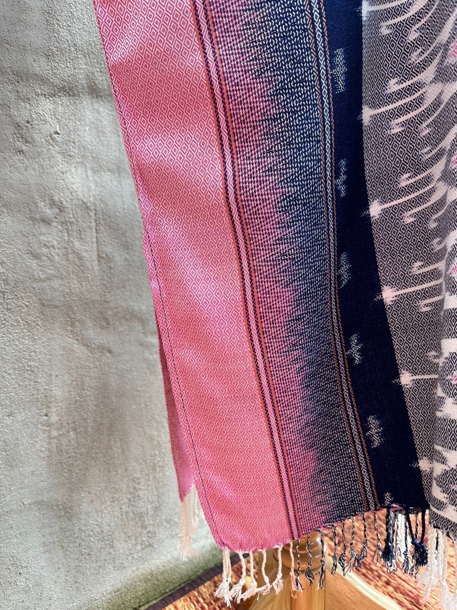 MALA handworks  Ikat Hand Woven Pattern Kaftan in Indigo Blue with Pink and White