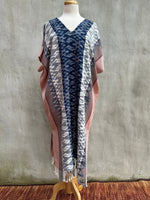 MALA handworks  Ikat Hand Woven Pattern Kaftan in Indigo Blue with Pink and White
