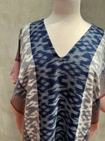 MALA handworks  Ikat Hand Woven Pattern Kaftan in Indigo Blue with Pink and White
