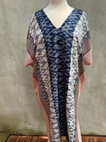 MALA handworks  Ikat Hand Woven Pattern Kaftan in Indigo Blue with Pink and White