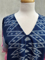 MALA handworks  Ikat Hand Woven Pattern Kaftan in Indigo Blue with Pink and White