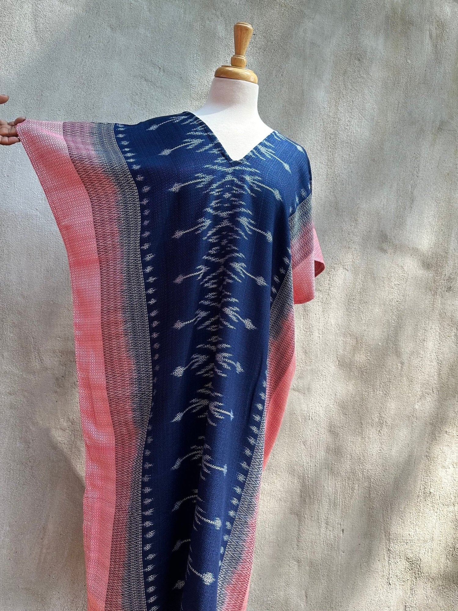 MALA handworks  Ikat Hand Woven Pattern Kaftan in Indigo Blue with Pink and White
