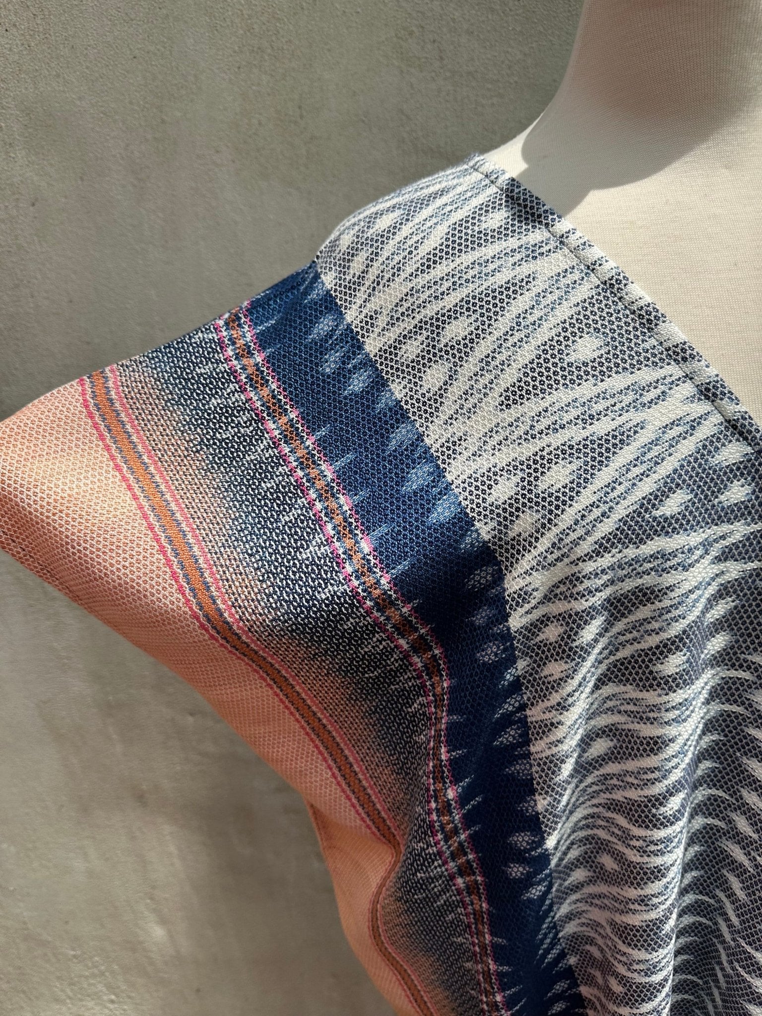 MALA handworks  Ikat Hand Woven Pattern Kaftan in Indigo Blue with Salmon Pink and White