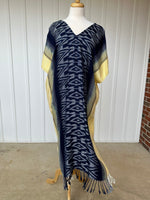 MALA handworks  Ikat Hand Woven Pattern Kaftan in Indigo Blue with White and Organic Dye