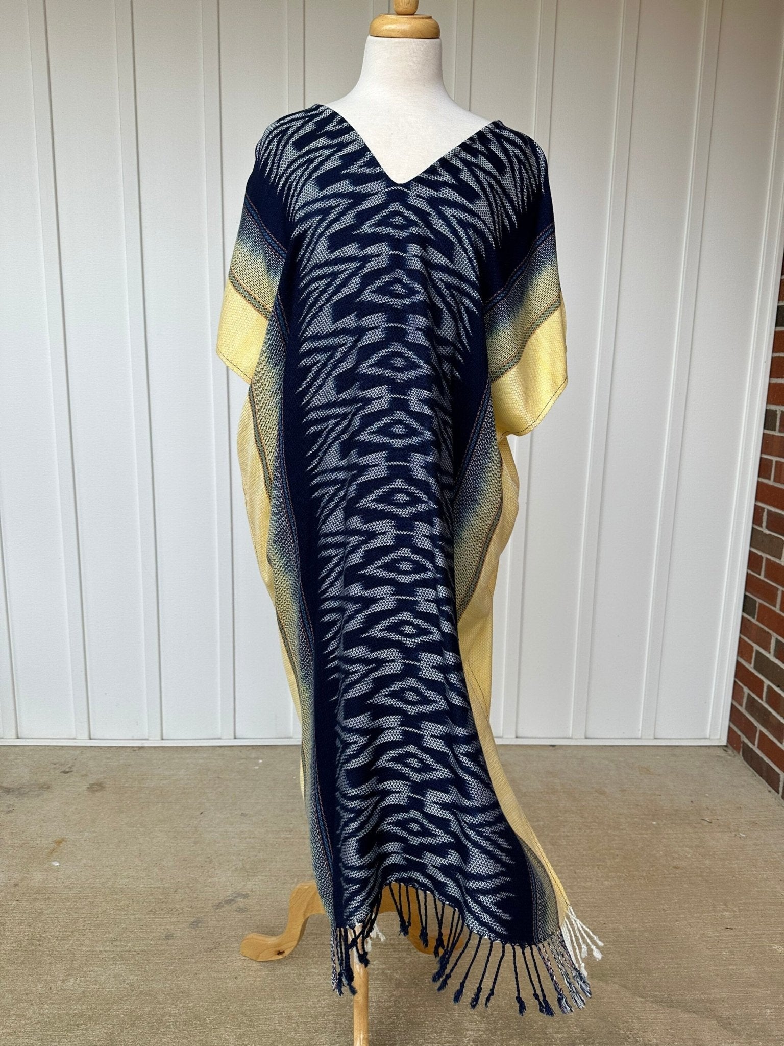 MALA handworks  Ikat Hand Woven Pattern Kaftan in Indigo Blue with White and Organic Dye