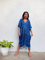 MALA handworks  Ikat Hand Woven Pattern Kaftan in Indigo Blue with White and Organic Dye