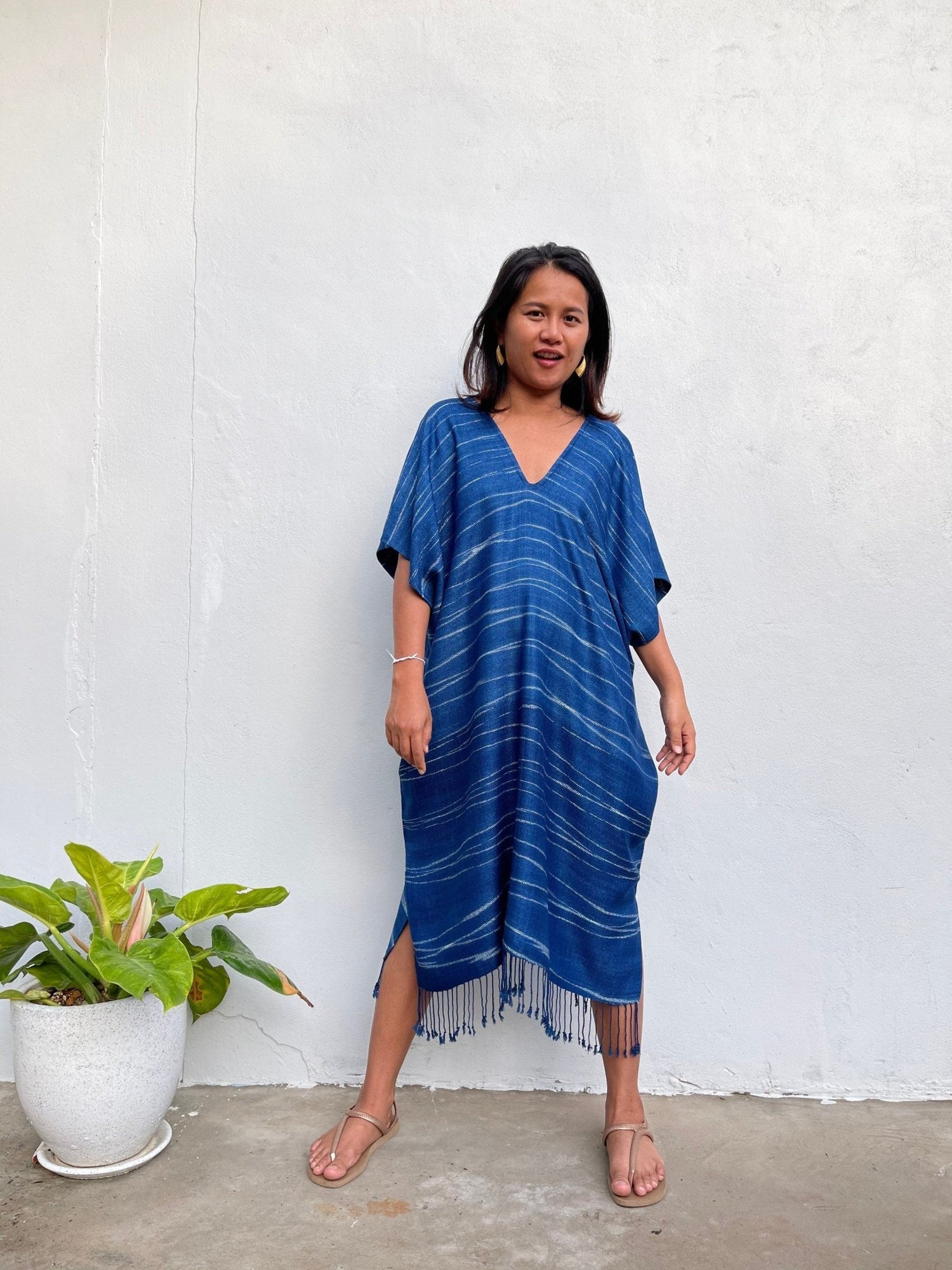 MALA handworks  Ikat Hand Woven Pattern Kaftan in Indigo Blue with White and Organic Dye