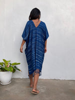 MALA handworks  Ikat Hand Woven Pattern Kaftan in Indigo Blue with White and Organic Dye