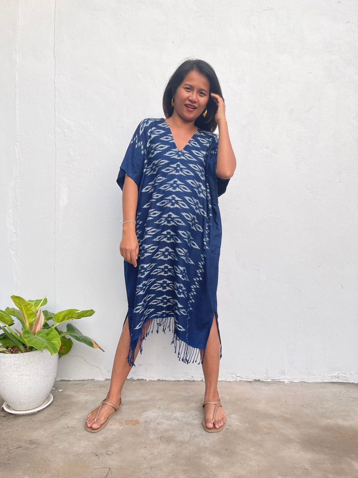 MALA handworks  Ikat Hand Woven Pattern Kaftan in Indigo Blue with White and Organic Dye