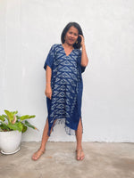MALA handworks  Ikat Hand Woven Pattern Kaftan in Indigo Blue with White and Organic Dye