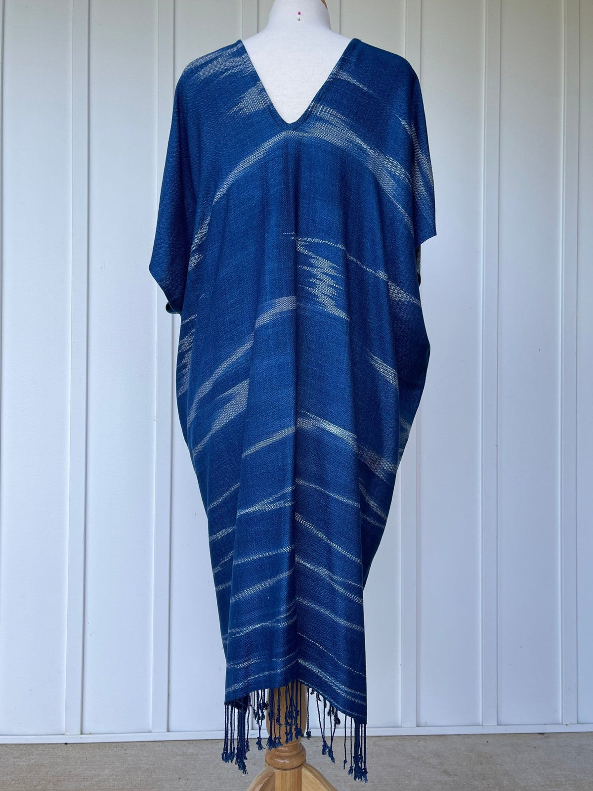 MALA handworks  Ikat Hand Woven Pattern Kaftan in Indigo Blue with White and Organic Dye