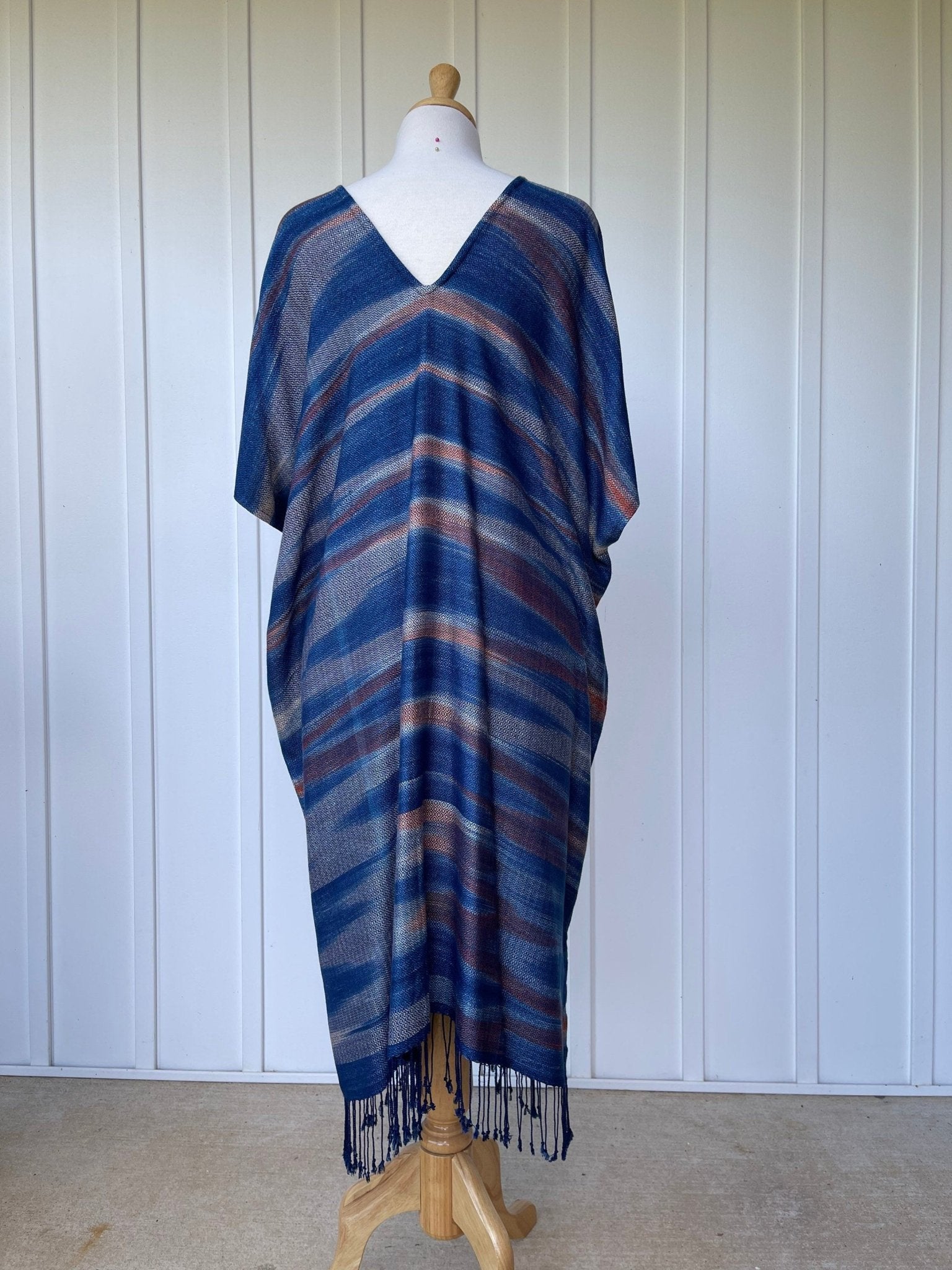 MALA handworks  Ikat Hand Woven Pattern Kaftan in Indigo Blue with White and Organic Dye