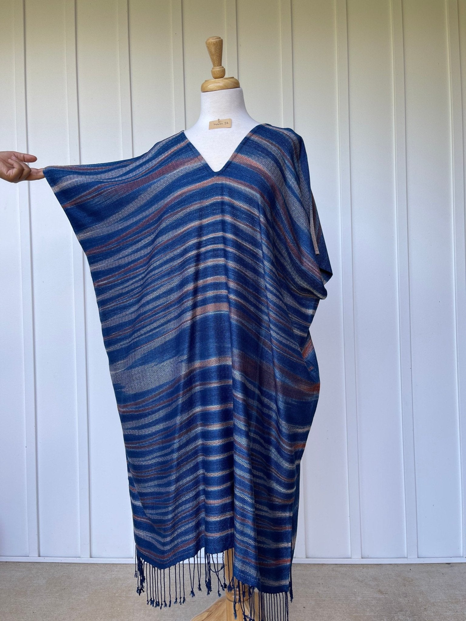 MALA handworks  Ikat Hand Woven Pattern Kaftan in Indigo Blue with White and Organic Dye