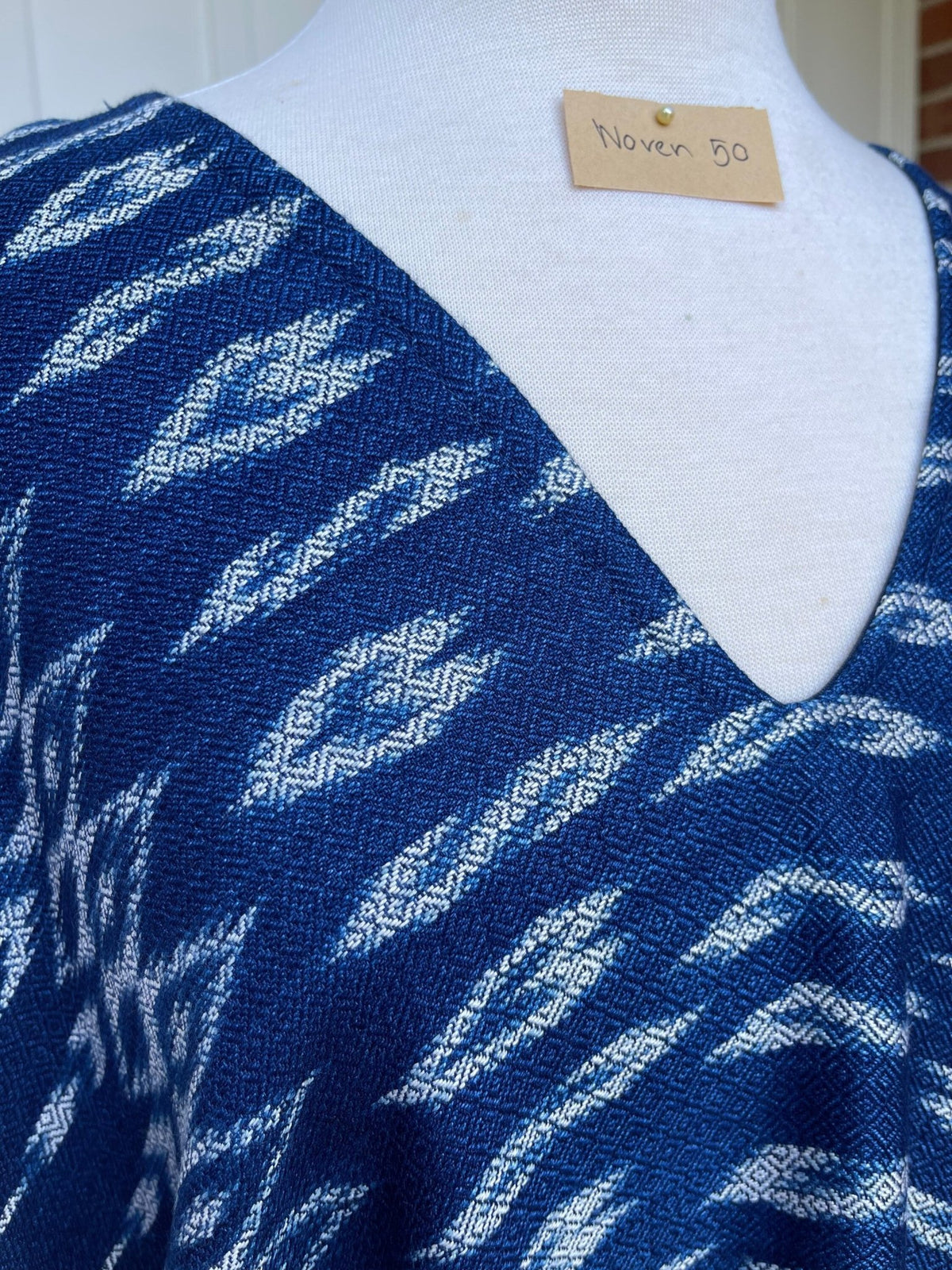 MALA handworks  Ikat Hand Woven Pattern Kaftan in Indigo Blue with White and Organic Dye