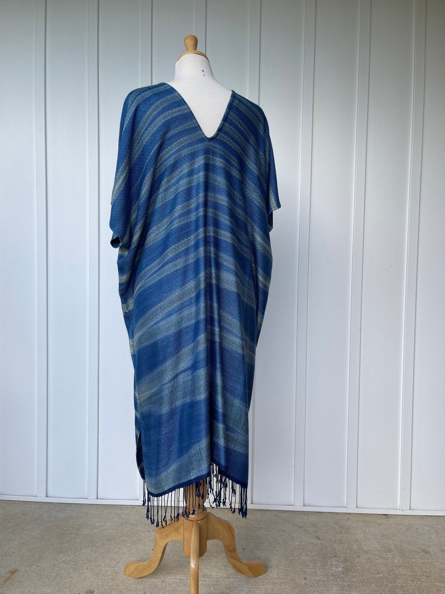 MALA handworks  Ikat Hand Woven Pattern Kaftan in Indigo Blue with White and Organic Dye