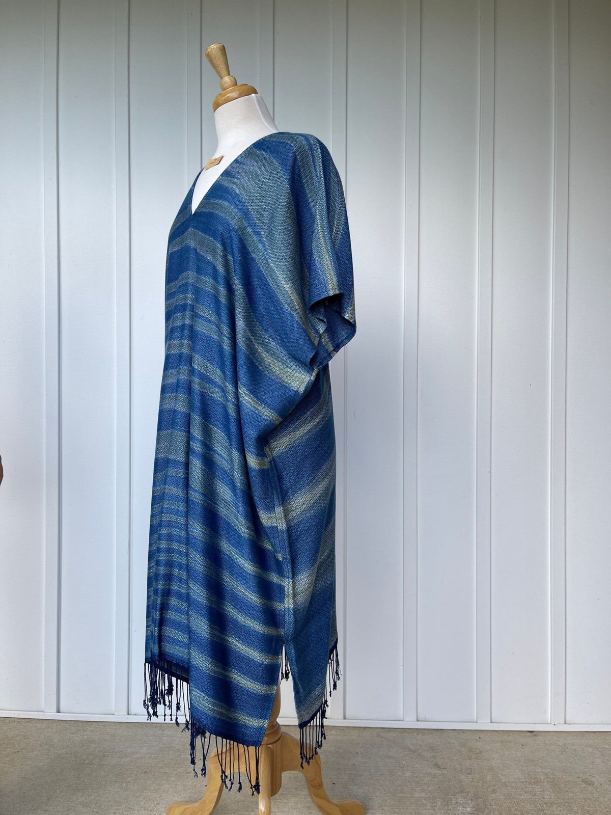 MALA handworks  Ikat Hand Woven Pattern Kaftan in Indigo Blue with White and Organic Dye