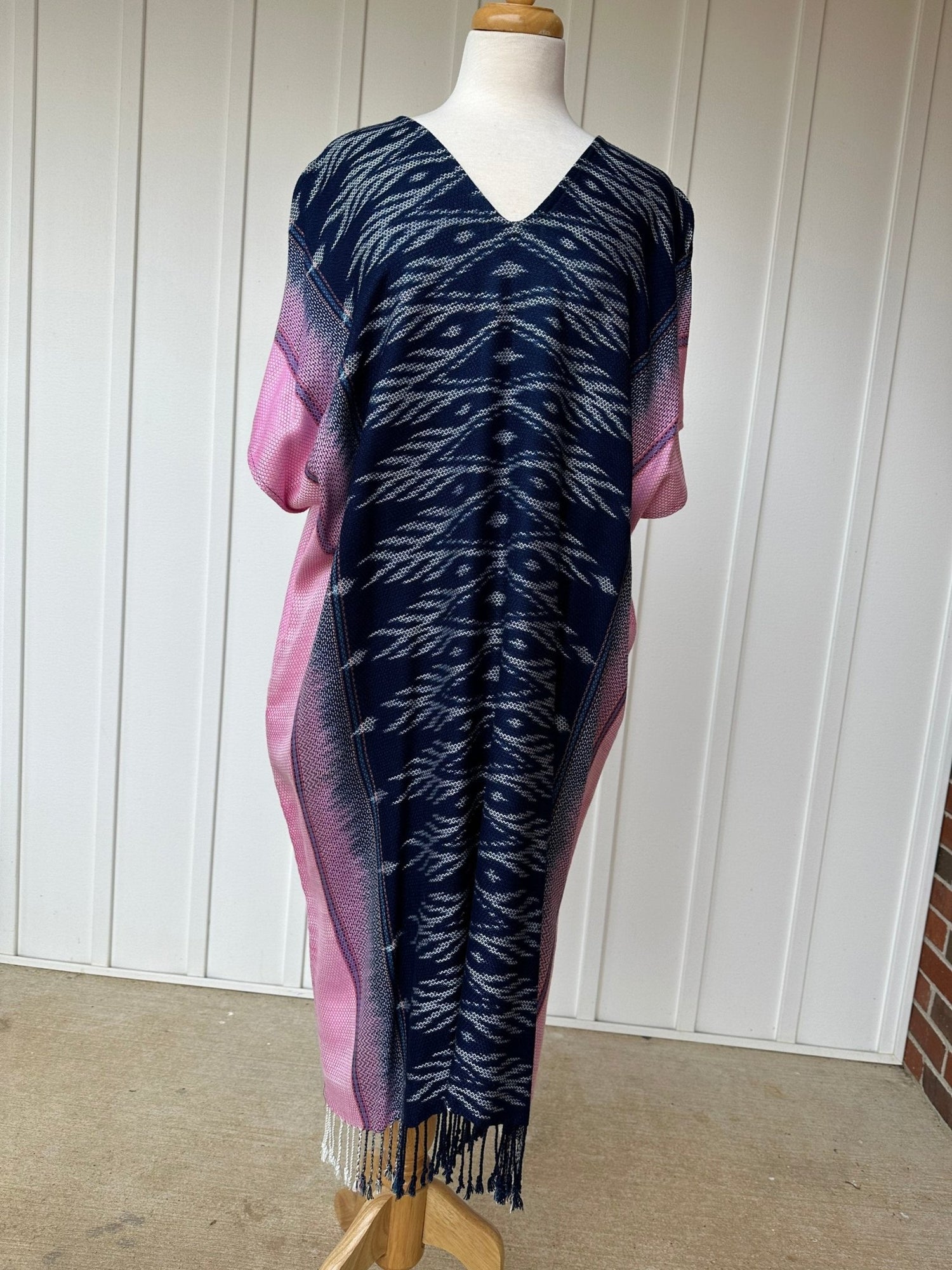 MALA handworks  Ikat Hand Woven Pattern Kaftan in Indigo Blue with White and Organic Dye