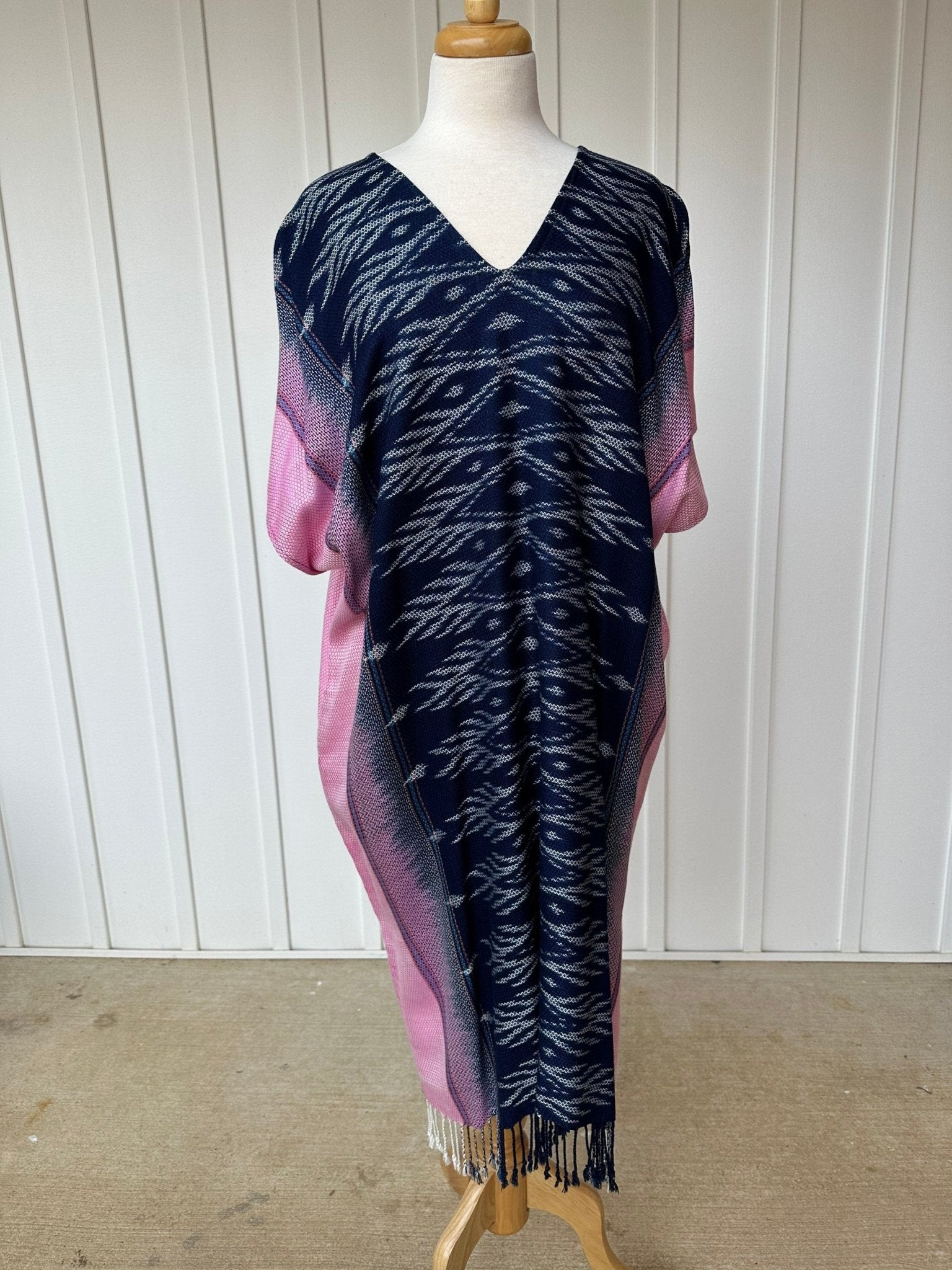 MALA handworks  Ikat Hand Woven Pattern Kaftan in Indigo Blue with White and Organic Dye